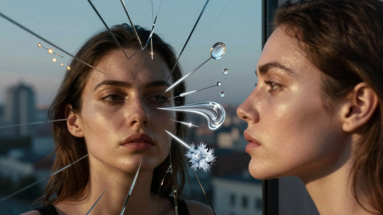 Отражение лица в треснувшем зеркале: одна сторона — уставшая кожа, другая — омоложенная.