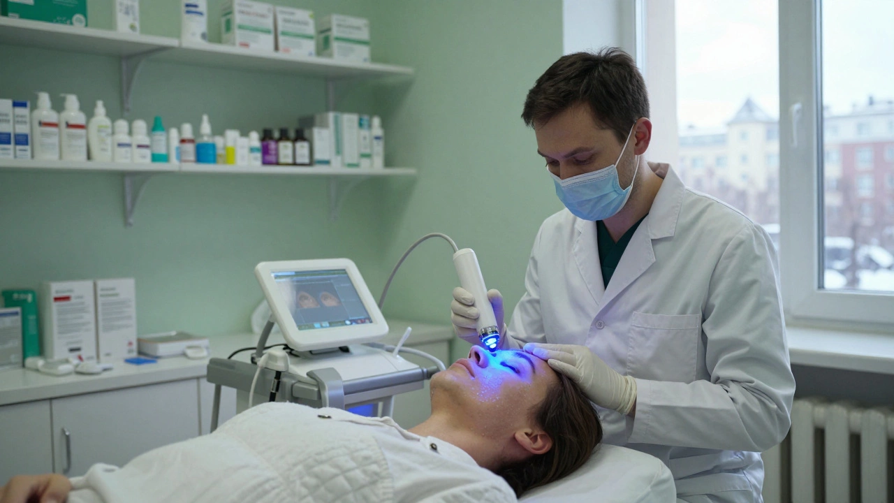 Пациентка получает фотодинамическую терапию в клинике Казани, лицо освещено синим светом, в фоне — медицинские приборы.