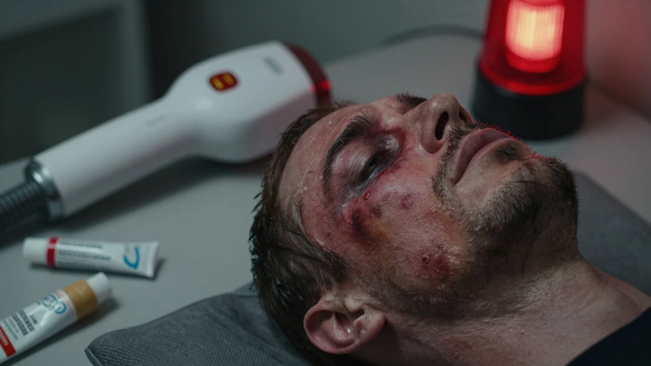 Поврежденная кожа с ожогами и пигментацией от домашнего лазерного устройства.