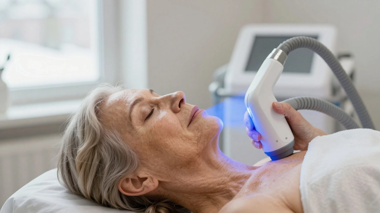 Пожилая женщина получает радиочастотную терапию для подтяжки кожи