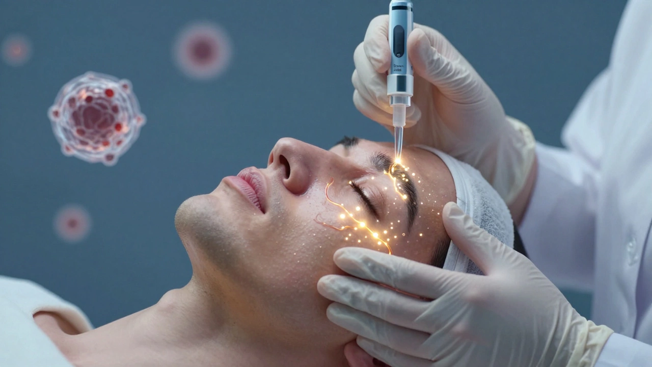 Процедура химического пилинга: дерматолог наносит раствор на лицо, видны разрушающиеся пигментные частицы.