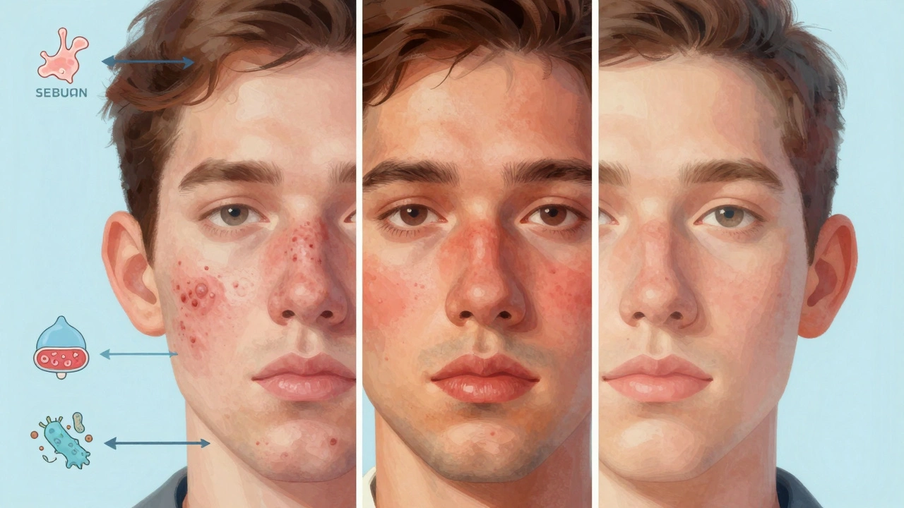 Разделённое изображение лица: слева — акне, посередине — воспаление, справа — чистая кожа после лечения.