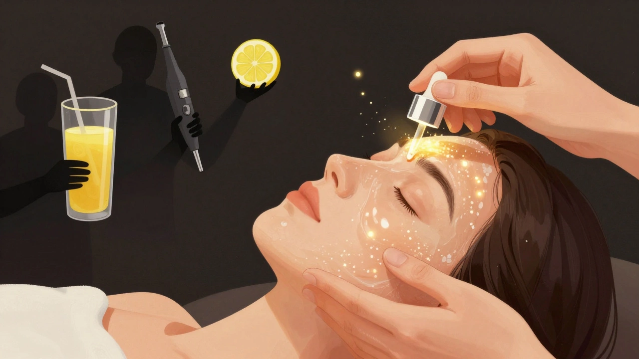 Рука наносит ферментный пилинг, в воздухе светящиеся частицы