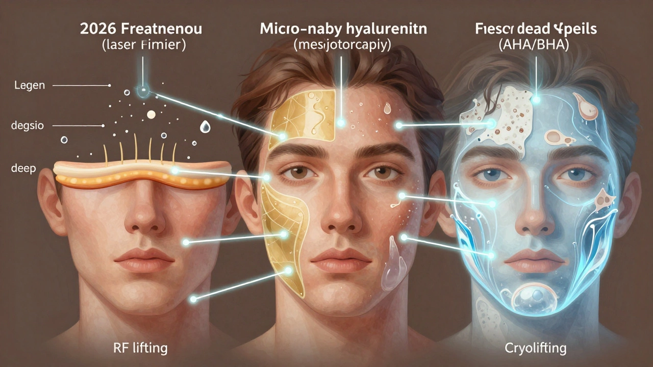 Схематичное изображение лица с пятью методами омоложения: лазер, радиочастота, мезотерапия, пилинг и криолифтинг.