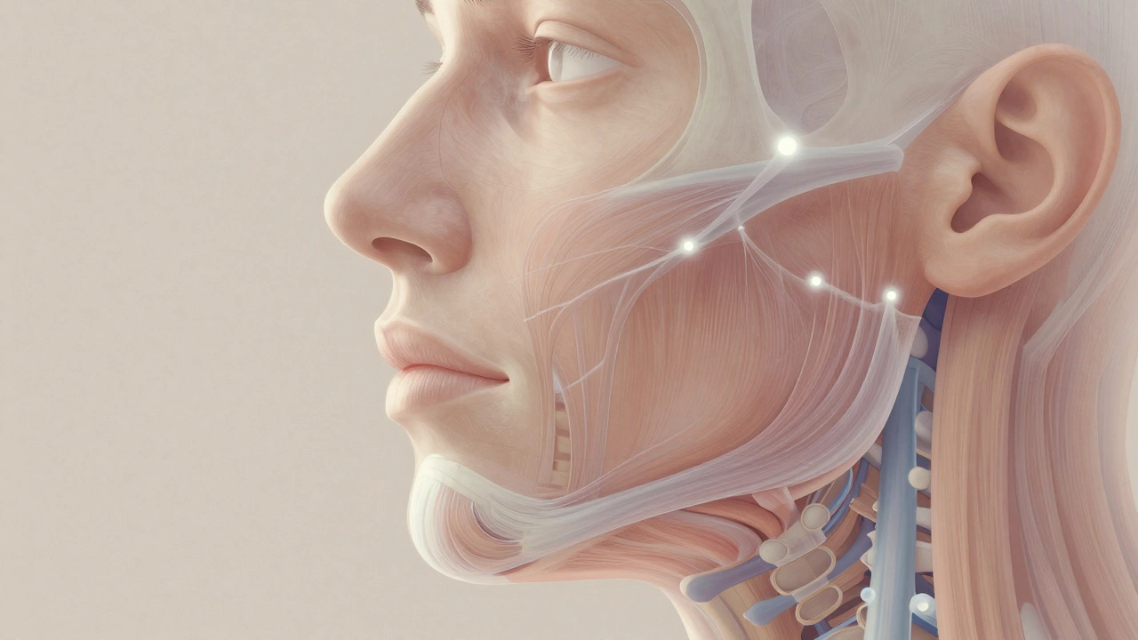 Схематичное изображение внутренних механизмов подтяжки лица: коллаген и мышечное расслабление.