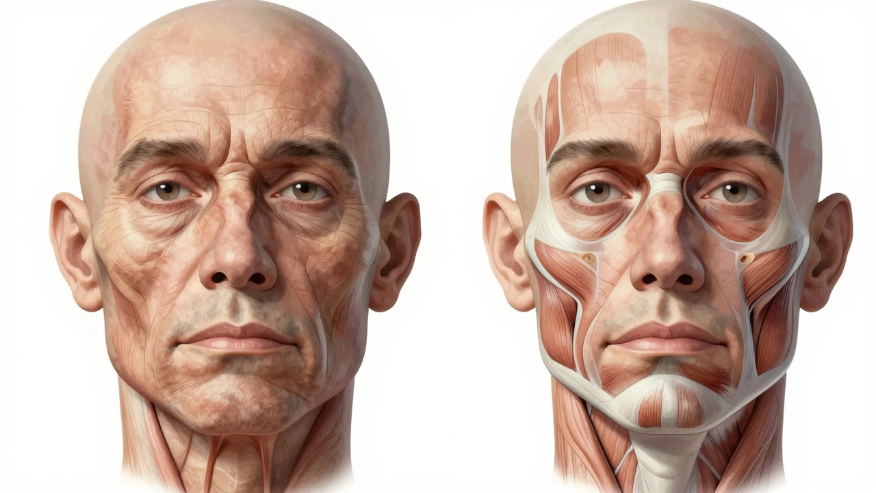 Сравнение анатомии лица до и после ботокса: расслабленные мышцы, сохранённый объём, без перекосов.