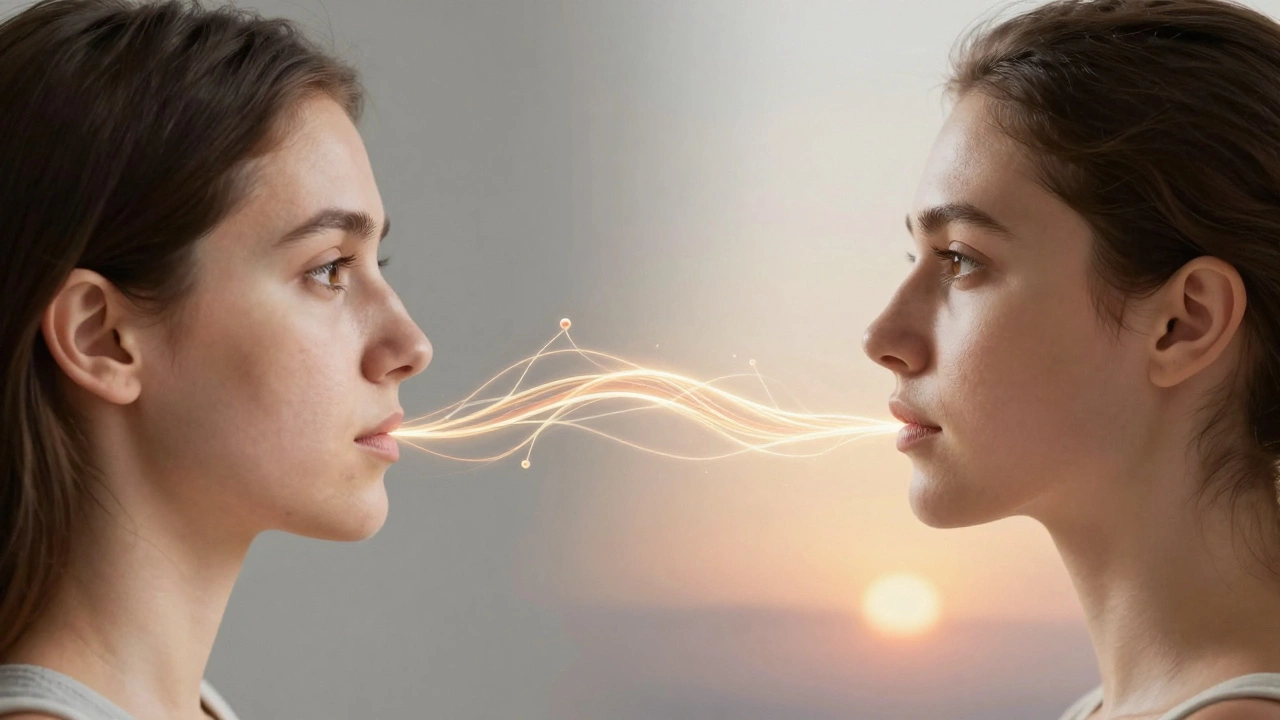 Сравнение до и после: размытый овал лица слева, четкий контур справа, символизирующий улучшение.