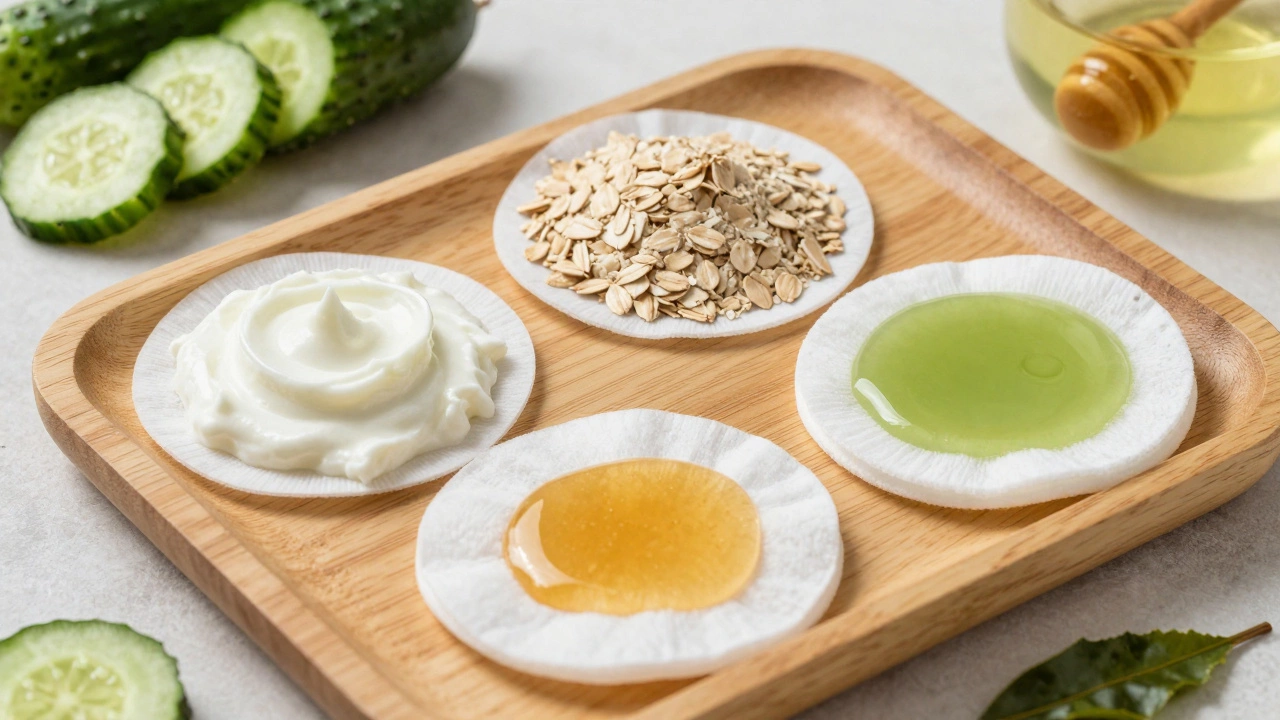 Три домашних маски для лица на деревянном подносе с натуральными ингредиентами.