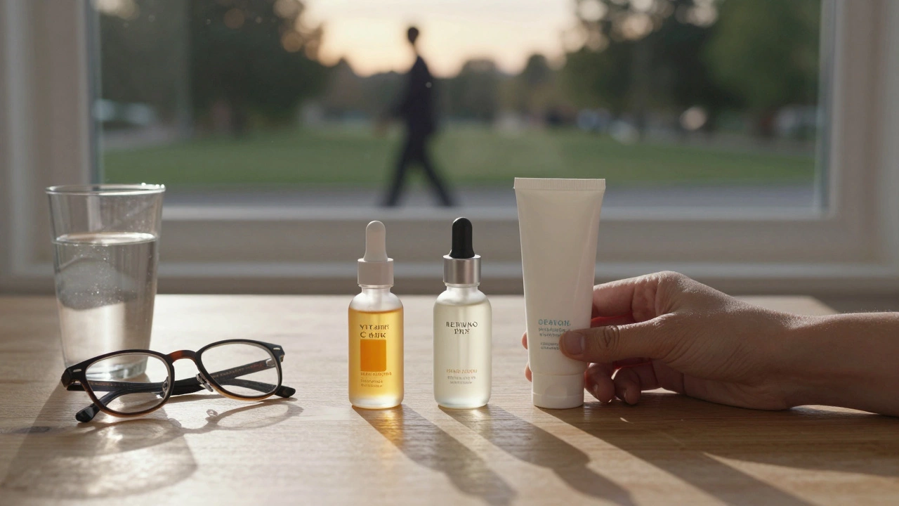 Утренний и вечерний уход: сыворотки, кремы и стакан воды на деревянном столе у окна.