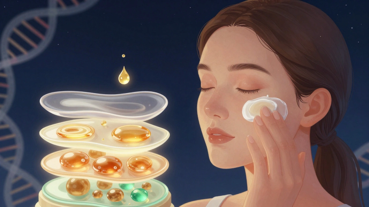 Вечерний уход: масло витамина Е и ретинол восстанавливают кожу, вокруг — клеточные процессы.