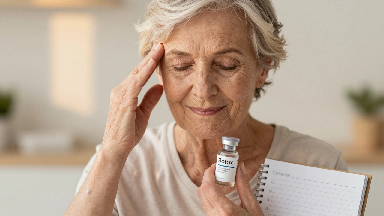 Женщина 65 лет с косметикой для ухода и сертифицированным ботоксом, символизирующая осознанный уход за собой.