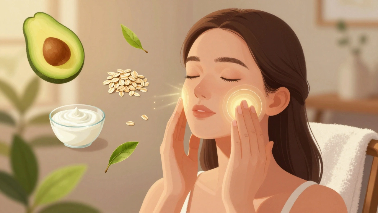 Женщина делает массаж лица пальцами, стимулируя тонус кожи.