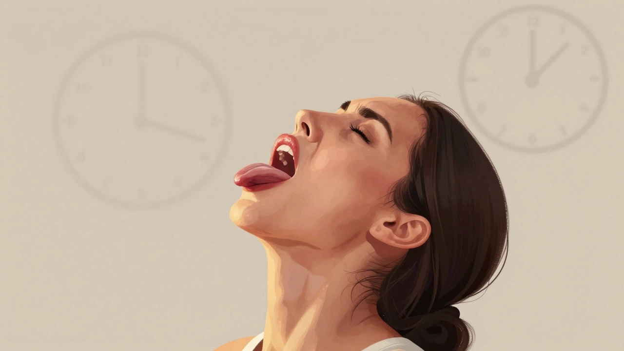 Женщина выполняет упражнение 'Кот' с открытым ртом и вытянутым языком, напрягая мышцы подбородка.