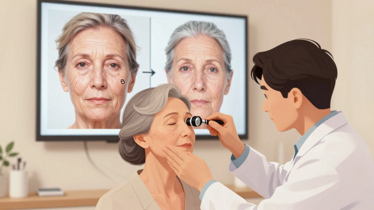 Дерматолог осматривает лицо пожилой женщины, на фоне — сравнение динамических и статических морщин.