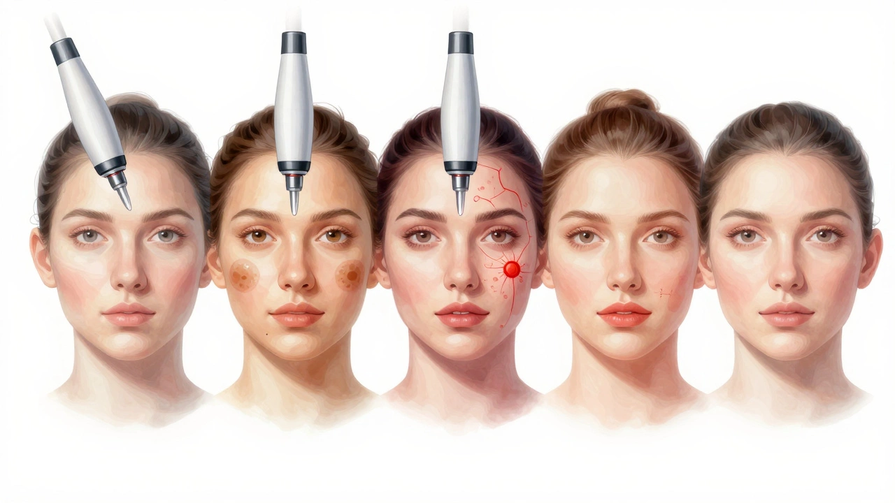 Диаграмма пяти типов лазерных воздействий на кожу лица: шлифовка, удаление пигмента, сосудов, депиляция и стимуляция коллагена.