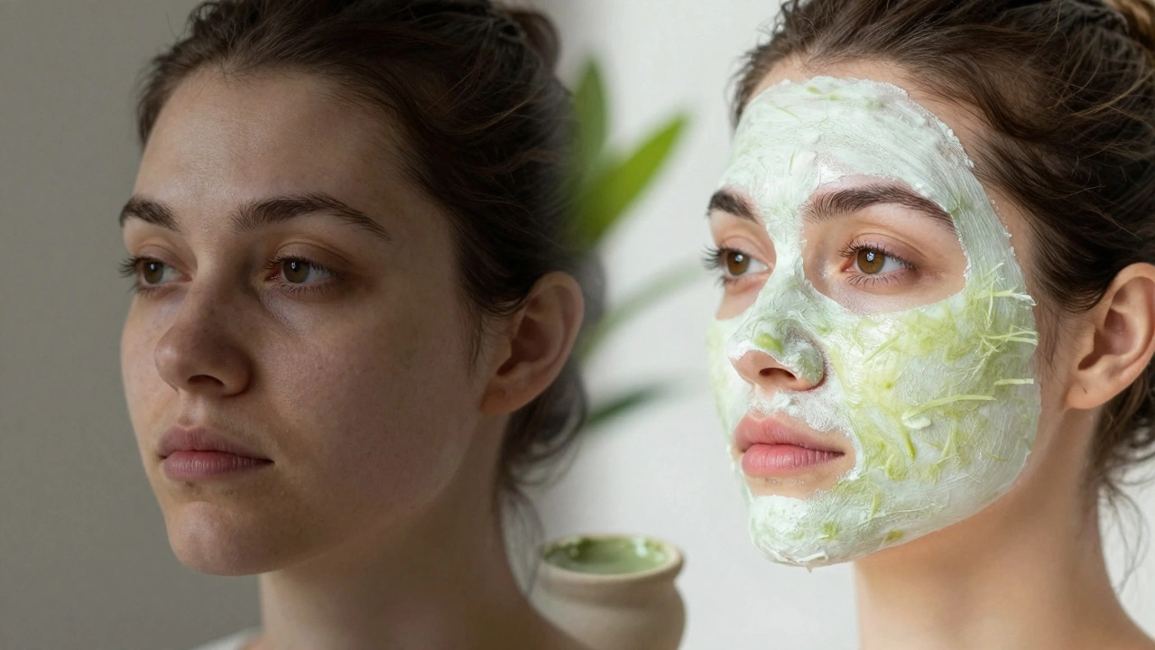 Двухстороннее изображение лица: до и после применения маски из белой глины и зеленого чая.