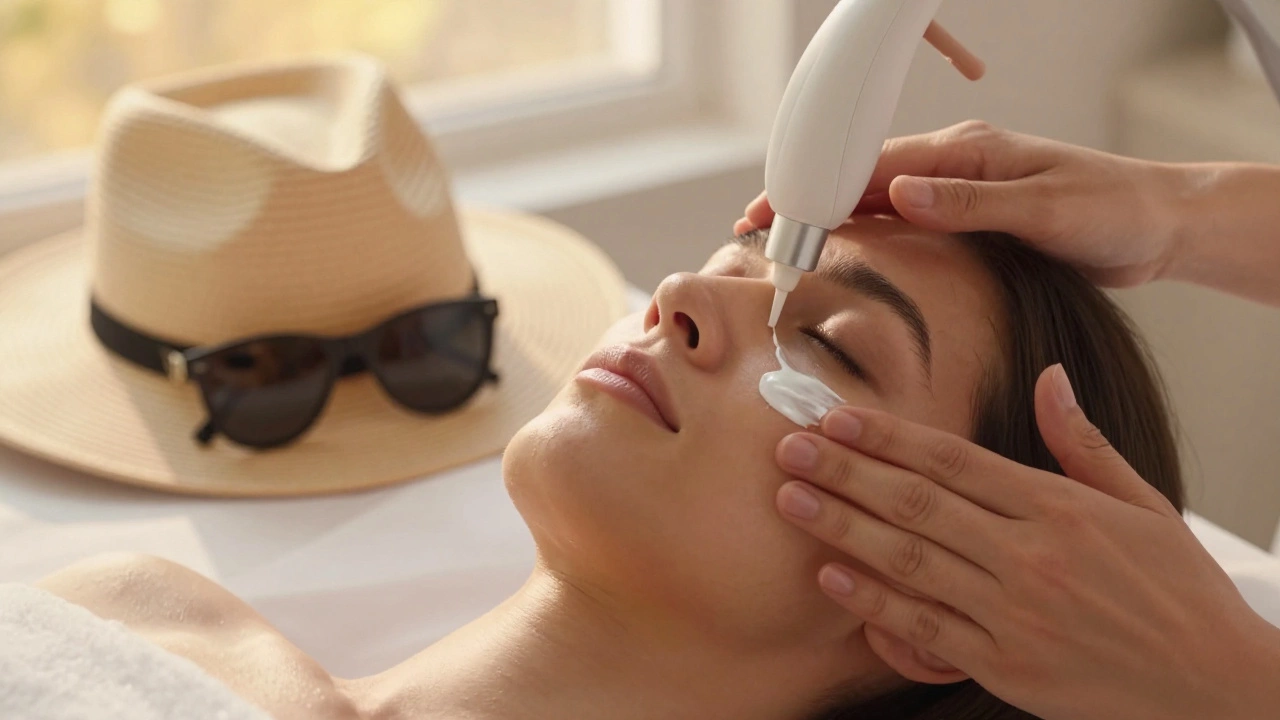 Пациент наносит солнцезащитный крем после процедуры удаления пигментных пятен