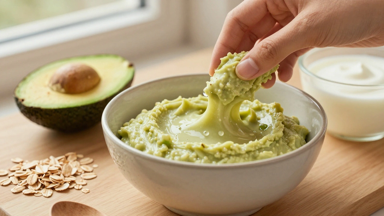 Рука смешивает авокадо и овсянку в керамической миске с натуральными ингредиентами вокруг.