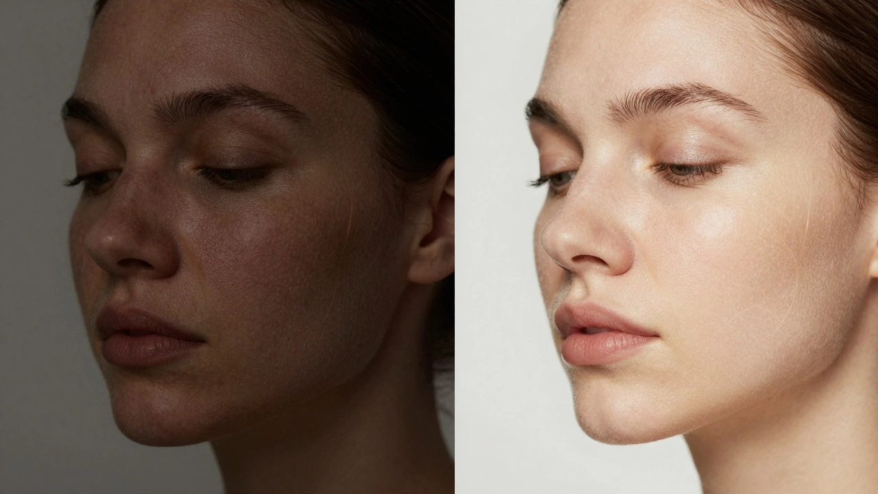Сравнение кожи до и после лазерной терапии: шероховатая и пигментированная слева, гладкая и сияющая справа.