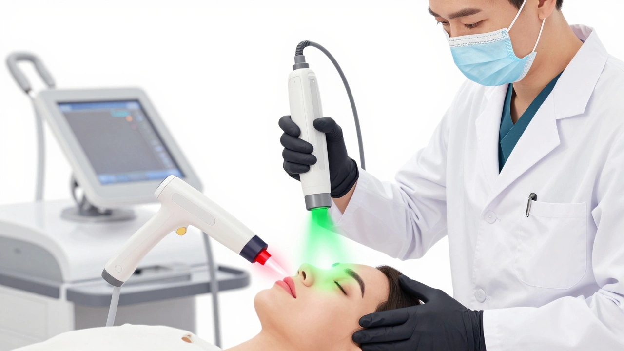 Три лазерных устройства воздействуют на пигментные пятна на лице пациента