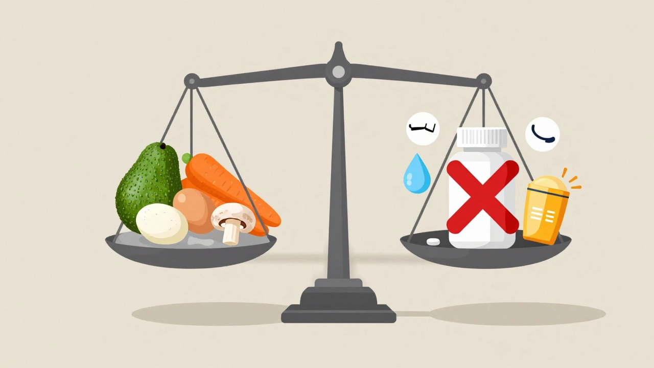 Весы с натуральной едой и таблетками — подчеркивает превосходство питания над добавками.