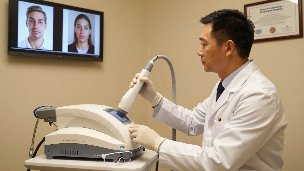 Врач-дерматолог настраивает лазерное устройство в клинике с сертификатами на стене.