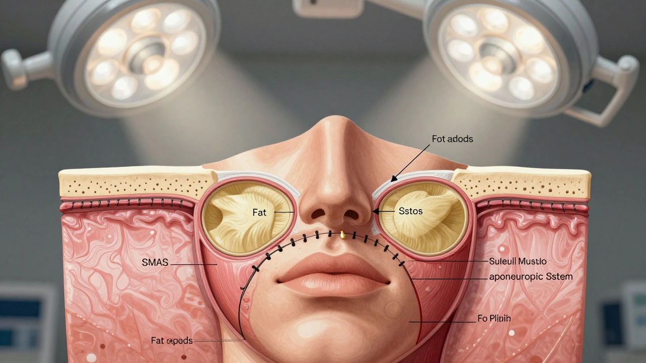 Анатомический разрез лица, показывающий поднятие SMAS-слоя — ключевого элемента хирургической подтяжки.