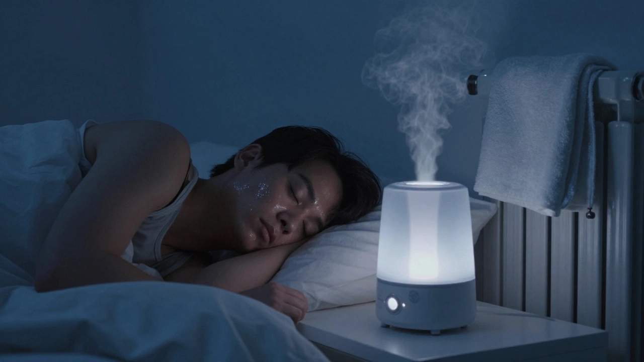 Человек спит, на лице блестит масло, рядом увлажнитель и мокрое полотенце на батарее.