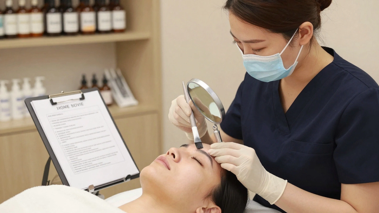 Косметолог-эстетист наносит химический пилинг на лицо клиента, внимательно наблюдая за реакцией кожи.