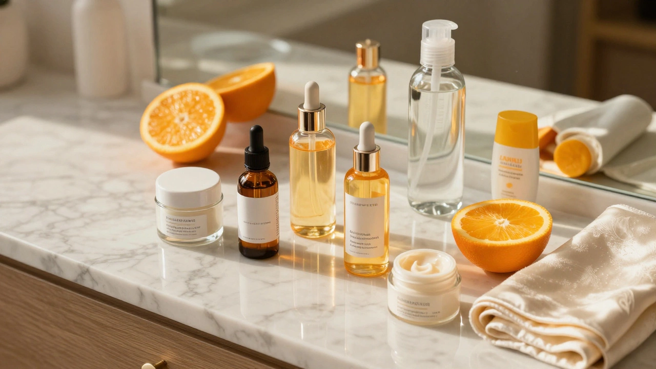 Организованная утренняя рутина ухода за лицом с кремами и витаминами.