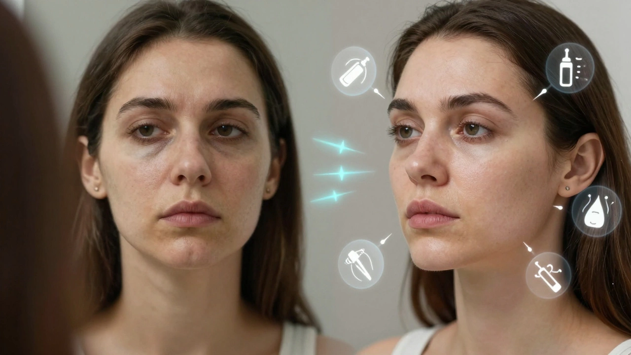 Отражение в зеркале: до и после эстетической коррекции кожи без хирургии.