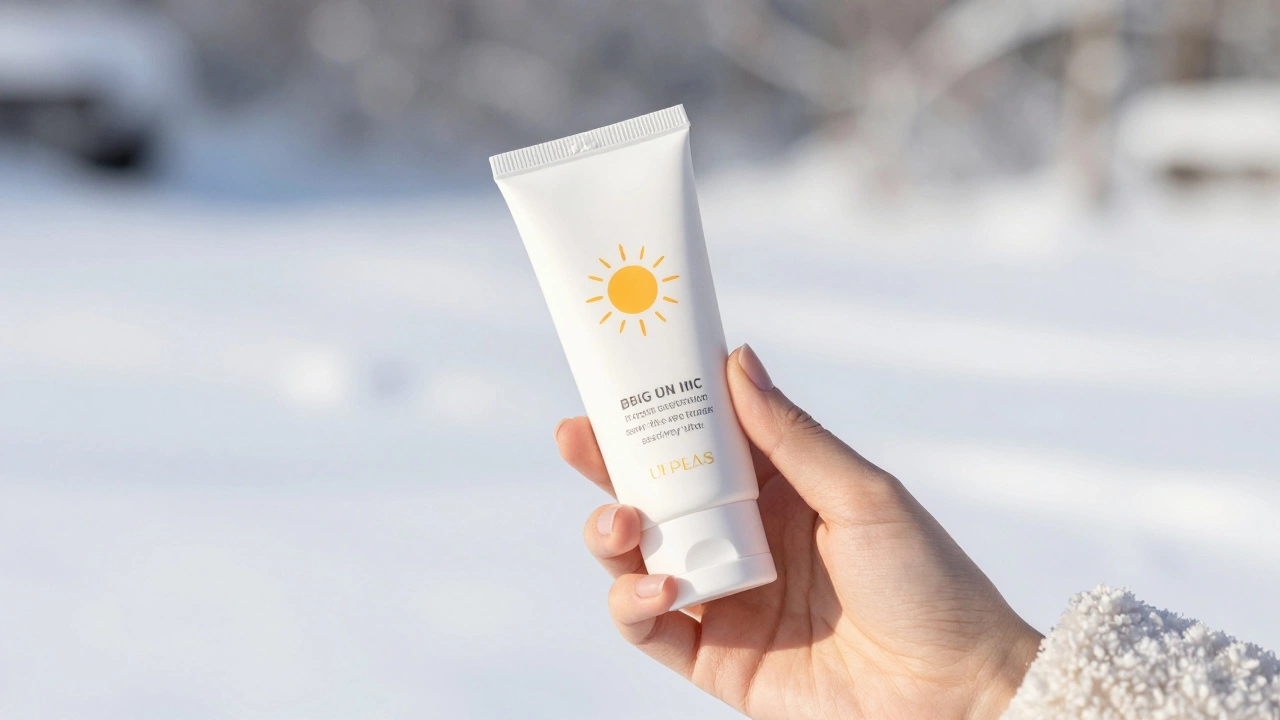 Рука наносит крем от солнца на фоне снежного пейзажа зимой