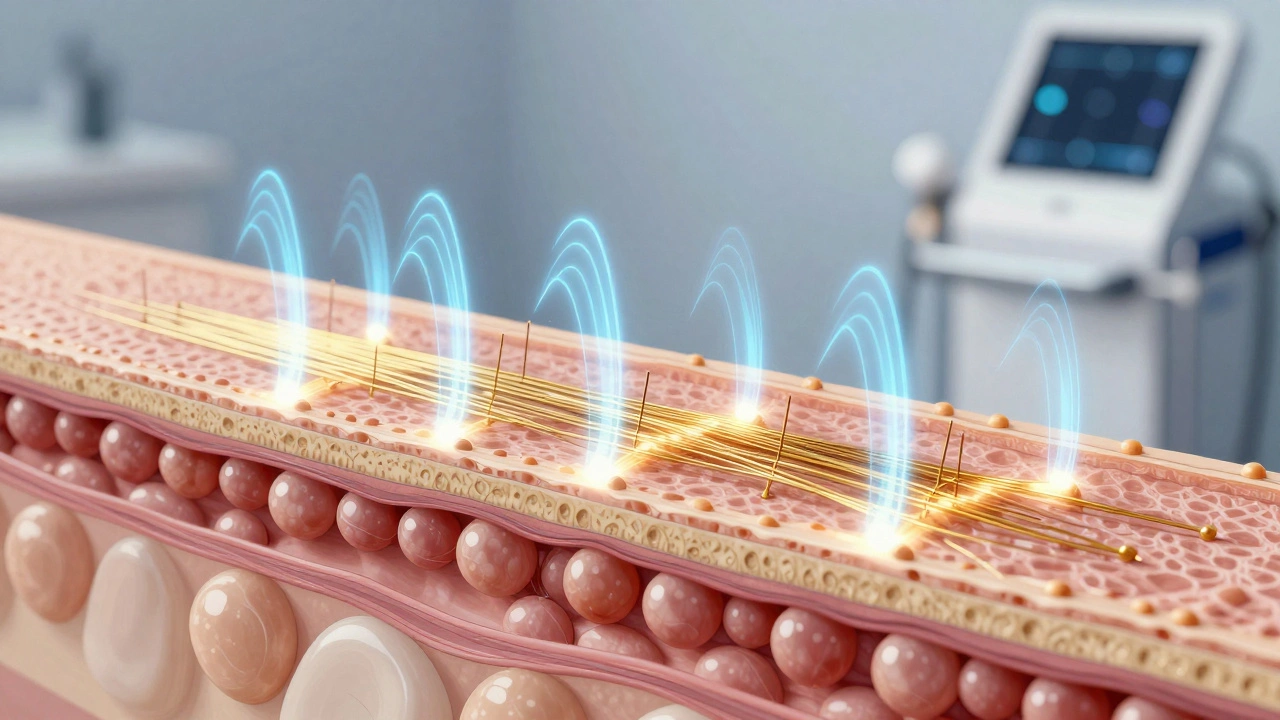 Схематичное изображение глубоких слоёв кожи: коллаген восстанавливается после радиочастотного воздействия.
