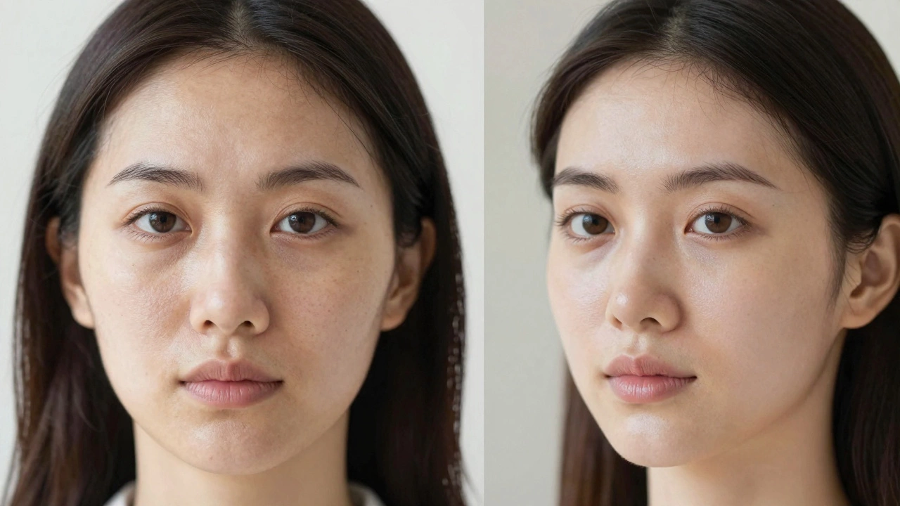 Сравнение лица до и после лазерного омоложения без инъекций, естественное освещение.