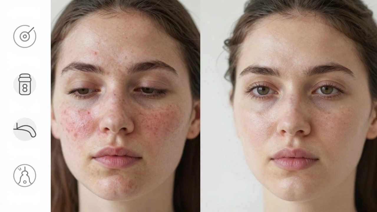 Сравнение состояния кожи до и после курса процедур: шрамы, покраснения и пигментация заменены на гладкую, здоровую кожу.