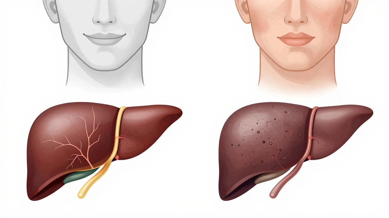 Сравнение здоровой и перегруженной печени с соответствующим состоянием кожи лица: одинаковый образ, разные состояния.