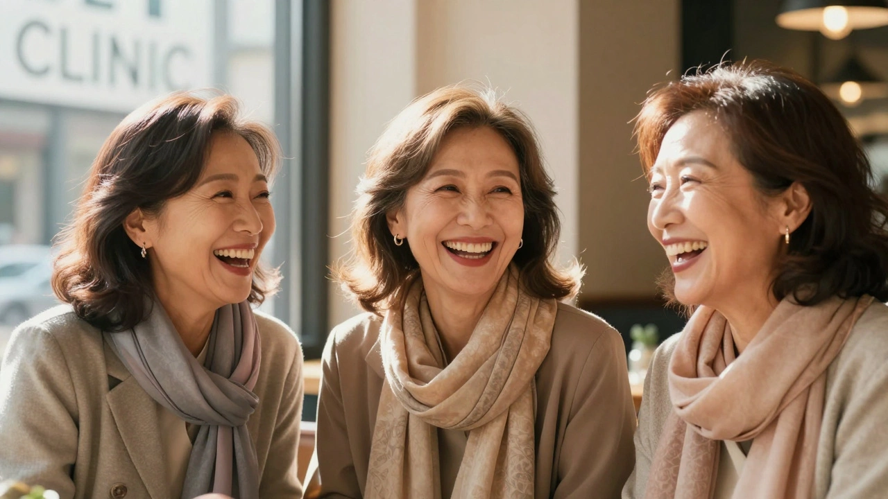 Три женщины после 55 лет смеются в кафе, их лица выглядят свежими и естественными после SMAS-лифтинга.