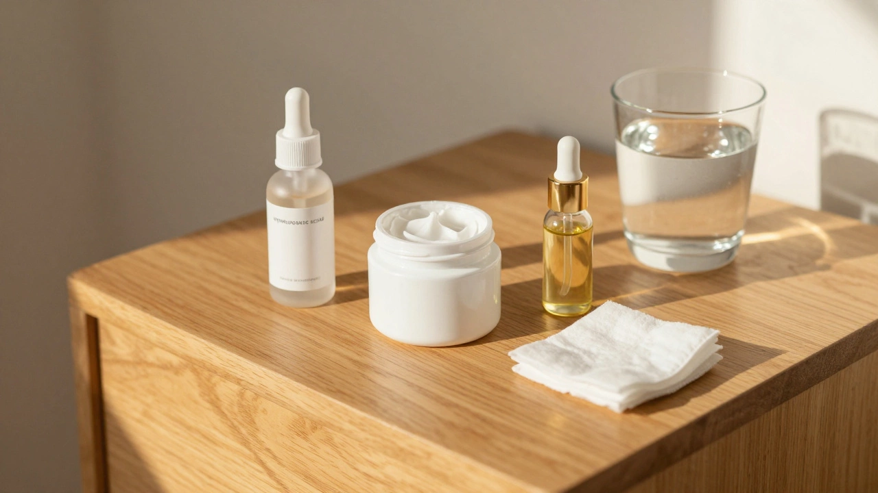 Уход за кожей: сыворотка, крем и масло на деревянной поверхности.
