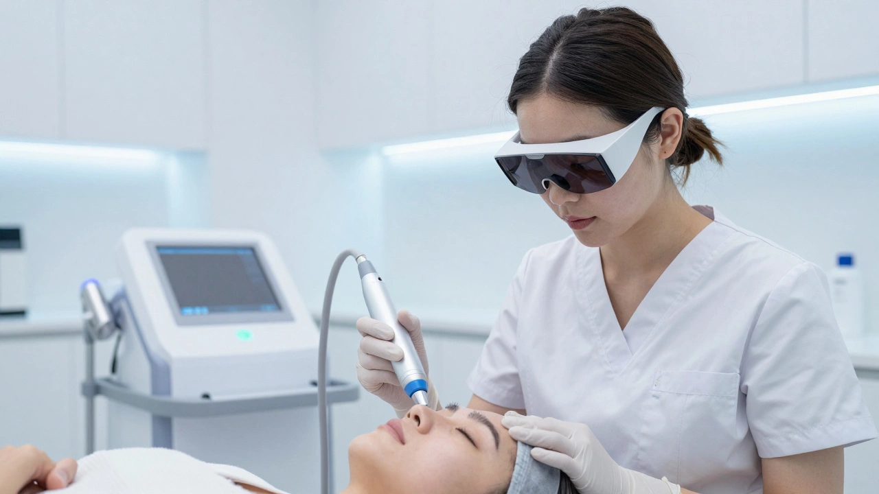 Врач дерматолог использует лазерное оборудование в стерильной клинике