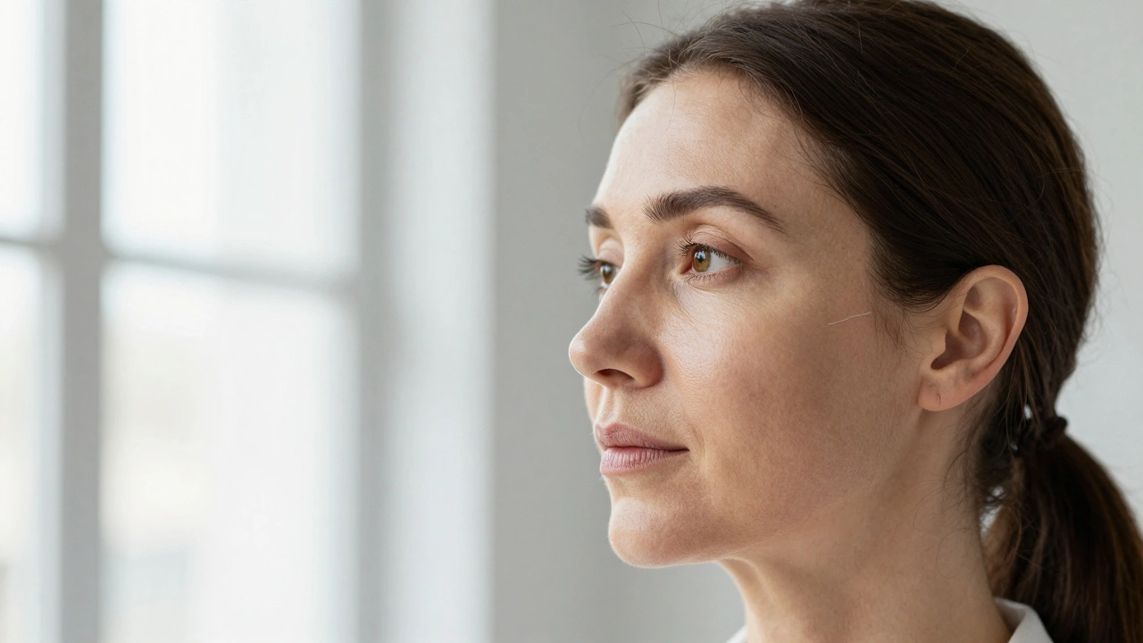 Женщина с подтянутым овалом лица, визуализированы эффекты нитей, гиалуроновой кислоты и микротоков без инвазии.